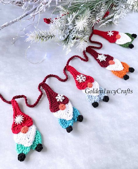 Crochet Gnome Garland - GoldenLucyCrafts Crocheted Christmas Ornaments, Crochet Christmas Gnome, Gnome Garland, Crochet Christmas Garland, Crochet Gnome, Christmas Crochet Patterns Free, Crocheted Christmas, Baby Christmas Ornaments, Crochet Garland