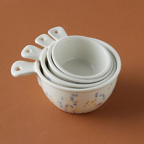 White Floral Ceramic Measuring Cups Measuring Cups Aesthetic, Cups Aesthetic, Ceramic Measuring Cups, Bakers Kitchen, Brass Spoon, Cottage Aesthetic, Spring Meadow, Cooking Gadgets, Decor Buy