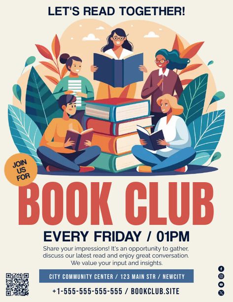 Book Club Flyer Book Club Flyer Ideas, Book Sale Poster Design, Book Club Poster Design, Book Club Flyer, Book Club Poster, Event Poster Inspiration, Linkedin Background Image, Kids Book Club, Recruitment Poster