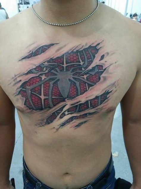 Spiderman Tattoo For Guys, Ripped Skin Tattoo, Shen Long Tattoo, Spiderman Tattoo, Avengers Tattoo, Image Spiderman, Sick Tattoo, Marvel Tattoos, Spider Tattoo