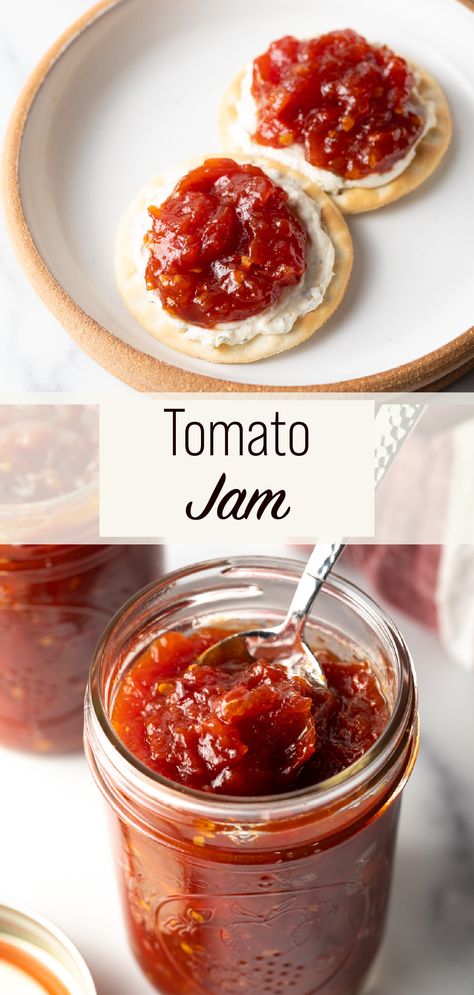 Old-Fashioned Tomato Jam – This easy jam recipe makes the best tangy, sweet, and savory jam with tomatoes! It can be prepared as a tomato freezer jam or for canning, and is terrific to spread on sandwiches or serve as a dip. Sweet And Spicy Tomato Jam, Tomato Jam Recipe Crockpot, Freezer Tomato Jam, Canning Grape Tomatoes, Tomato Butter Recipe, Lemon Marmalade Recipe, Tomato Jelly, Easy Jam Recipe, Tomato Jam Recipe