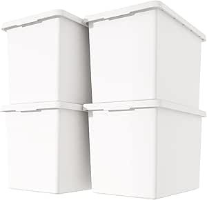 Yishyfier White Storage Bins with lids,Stackable Plastic Boxes Set of 4,Storage Box with handle for Organizing Snacks, Crafts,Crafts, Tools,books(white, 4XL) White Storage Bins, Organizing Snacks, Dog Food Storage Containers, Book Bins, Box With Handle, Storage Tubs, Storage Bins With Lids, White Storage, Dog Food Storage