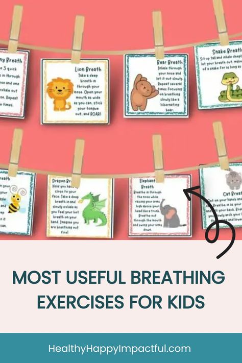 Most useful breathing exercises for kids displayed as cards with animal illustrations clipped to a string against a pink background. My Magic Breath Activities, Wellness Activities For Kids, Picky Eating Toddler, Breathing Exercises For Kids, Mindfulness For Children, How To Calm Down, Self Care Night, Exercises For Kids, Mindfulness Practices