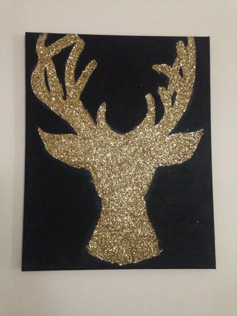 My glitter reindeer On Black Canvas, Deer Silhouette, Glitter Crafts, Soyut Sanat Tabloları, Glitter Art, Navidad Diy, Canvas Painting Ideas, Beginner Painting, Deer Head