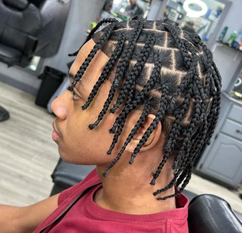 Singles Braided Hairstyles Men, Mens Box Braids Short, Full Head Box Braids Men, Triangle Part Box Braids Men, Men’s Big Single Braids, Men’s Box Braids Medium, Triangle Part Twist Men, Men’s Box Braids Short Hair, Singles Box Braids Men