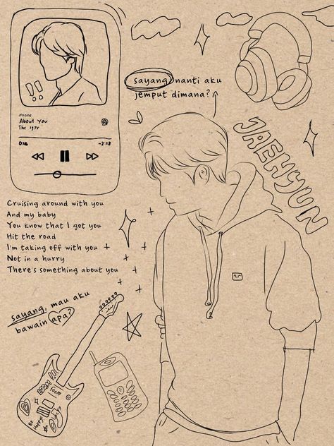 Music Drawings Spotify, Sketch Journal Aesthetic, Him Sketch, Drawings For Boyfriend, Love Scrapbook, Kpop Art, Easy Love Drawings, Hand Drawing Reference, Cartoon Sketches