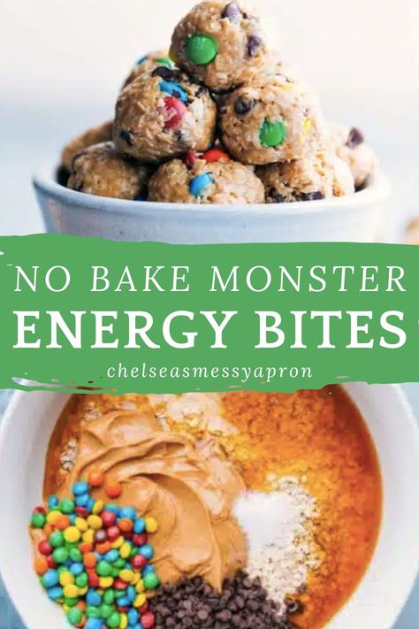 Monster Energy Balls are like channeling your favorite peanut butter-packed, M&M-filled Monster Cookies into a more nutritious snack — an energy bite! #snack #best #quick #easy #simple #treat #toddlerfriendly #kidfriendly #energybites M&m Energy Balls, Monster Energy Balls, Energy Bite, Sports Snacks, Toffee Chips, Energy Ball Recipe, Peanut Butter Honey, Baked Chips, Nutritious Snacks