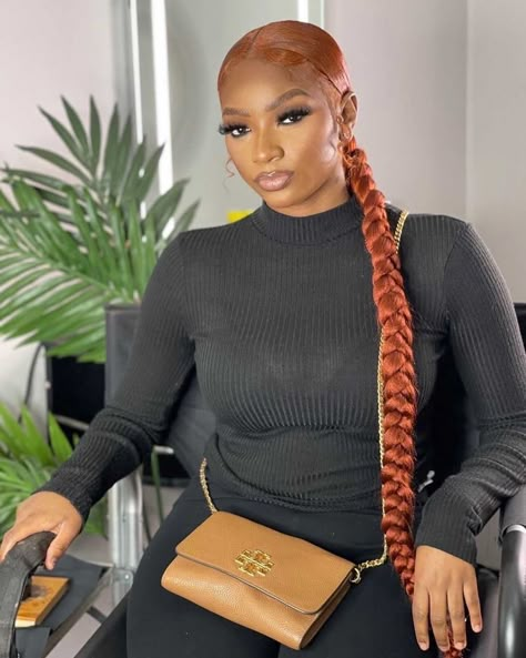 Copper Ponytail Black Women, Red Braided Ponytail For Black Women, Cooper Braids Black Women, Ginger Sleek Ponytail Black Women, Ginger Updo Black Women, Copper Red Hair Color Black Women Braids, Copper Hairstyles Black Women, Cooper Braids On Black Women, Ginger Braided Ponytail