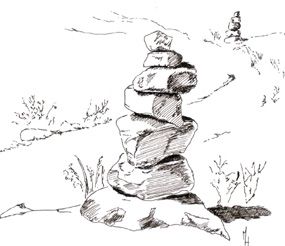 Artists image of a rock cairn. You will find many hiking trails marked with rock cairns.  Locating cairns may be difficult at first; look for rock piles or stacks.  PLEASE DO NOT BUILD NEW CAIRNS! Stacked Rocks Drawing, Pile Of Rocks Drawing, Rock Stacking Art, Cairn Drawing, Cairn Tattoo, Hiking Sketch, Trail Drawing, Hiking Drawing, Rock Cairns