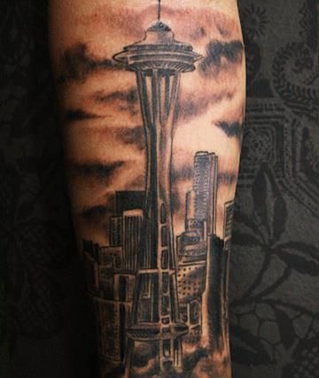 Space needle Space Needle Tattoo, 2023 Tattoo Ideas, Tricep Tattoo, Black Tattoo Ideas, Pnw Tattoo, Tricep Tattoos, Satanic Tattoos, 2023 Tattoo, Seattle Tattoo