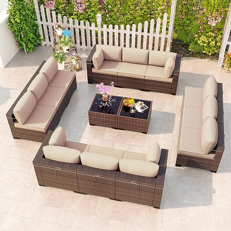 Amazon.com: Kullavik Outdoor Patio Furniture Set 6 Pieces Sectional Rattan Sofa Set Brown PE Rattan Wicker Patio Conversation Set with 5 Navy Blue Seat Cushions and 1 Tempered Glass Table : Patio, Lawn & Garden Rattan Sofa Set, Eating Table, Conversation Sofa, Wicker Patio Furniture Set, Outdoor Patio Furniture Sets, Patio Furniture Covers, Rattan Sofa, Sofa Colors, Conversation Set Patio