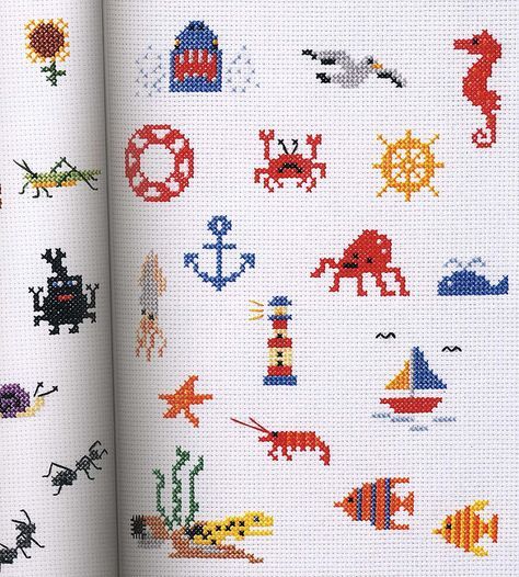 Nautical themed mini-cross stitch patterns Sea Cross Stitch Patterns, Cross Stitch Sea, Jellyfish Craft, Tiny Cross Stitch, Small Cross Stitch, Pola Kristik, Mini Cross Stitch, Mini Cross, Pola Sulam