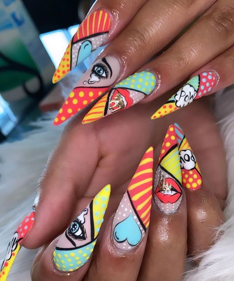 Comic Nails Art, Nail Art Cartoon Characters, Comic Book Nail Art, Comics Nails, Pop Art Nails Designs, Pop Art Nail Art, Uñas Pop Art, Textured Nail Art, Nail Art Cartoon