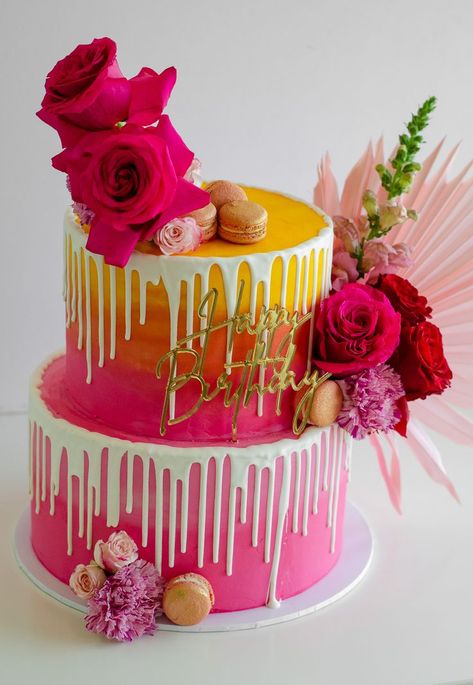 Gf Birthday Cake, Bright Birthday Cakes, Gf Birthday, White Chocolate Drip, Gold Macarons, Hot Pink Cakes, Gluten Free Party, Hot Pink Birthday, Pink And Gold Birthday Party