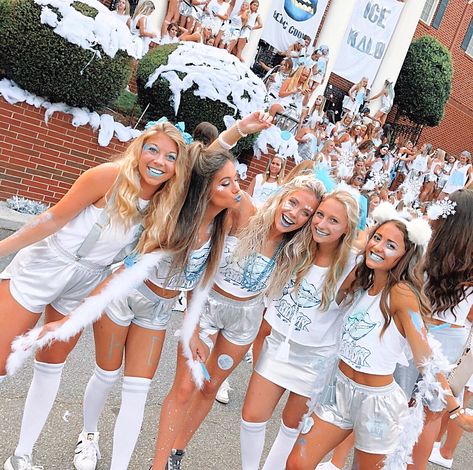 Iced Out Football Theme Outfit, Ice Sorority Theme, Ice Out Football Game Theme, Fnl Outfits, Sorority Themes, Sorority Poses, Spirit Week Outfits, Cheer Camp, Sorority Rush