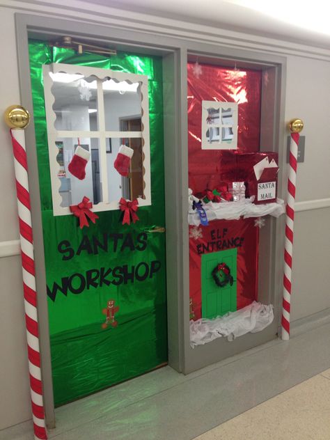 Christmas Door With Window, Christmas Bedroom Door Decorations, Christmas Bedroom Door, Door Ideas For Home, Christmas Door Ideas For Home, Christmas Door Decorating Contest Office, Elf Door Decoration, Kids Christmas Bedroom, Christmas Door Ideas