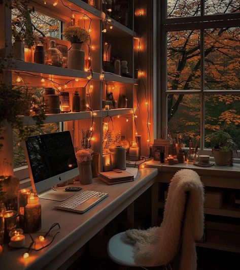 Autumn Mood Board, Cozy Office, Cozy Home Office, Cozy Room Decor, Home Office Setup, Fall Aesthetic, A Desk, Autumn Cozy, Desk Setup