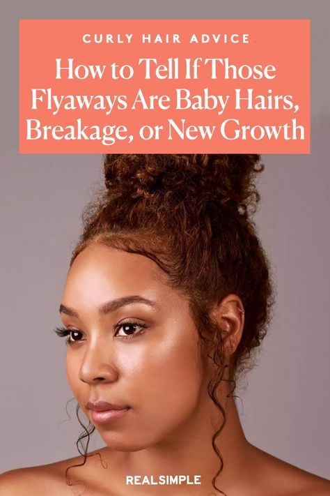 How to Tell If Those Flyaways Are Baby Hairs, Breakage, or New Growth | An RS Editor asked several hair experts to answer questions about the signs of hair breakage, new hair growth, and baby hairs. Plus, how to take care of each for healthy scalp and hair. #beautytips #realsimple #hair #hairstyle #hairtips #hairstylehacks Non Breakage Hairstyles, New Growth Hairstyles, How To Help Hair Breakage, Breakage In Front Of Hair, No Breakage Hairstyles, Hair Breakage Around Face, Fly Aways Hair, Flyaways Hair Tips, How To Style Baby Hairs