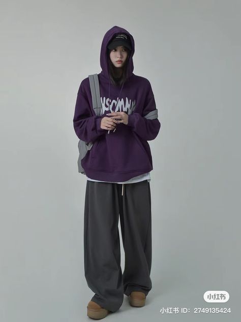 Purple Pullover Outfit, Purple Hoodie Outfit, Purple Sweater Outfit, Pullovers Outfit, Sock Outfits, Purple Sweatshirt, Korean Casual Outfits, Purple Hoodie, Purple Outfits