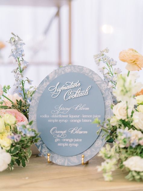 Floral Signature Cocktail Sign for a Wedding Oval Bar Sign French Blue Acrylic Chinoiserie Pattern - Etsy French Blue And Black Wedding, Place Card Wedding Favors, Coastal Wedding Cocktail Hour, Elegant Welcome Sign, Blue Colorful Wedding, Blue Acrylic Wedding Sign, French Blue Bridal Shower Ideas, Beach Wedding Signage, Cerulean Wedding