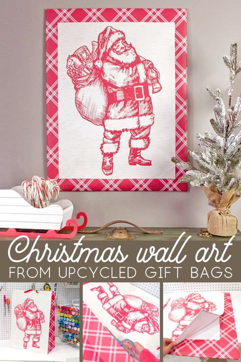 Gift Bag Wall Art, Dollar Tree Gift Bags, Upcycle Christmas, Dyi Christmas Gifts, How To Make A Gift Bag, Diy Christmas Wall, Dollar Tree Gifts, Bag Wall, Christmas Crafty