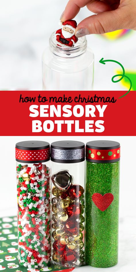 How to Make Christmas Sensory Bottles - These DIY sensory bottles are so fun! We have 3 great ideas: Christmas I-Spy, Jingle Bells, and Grinch. Which one is your favorite? Winter Sensory Bottles For Toddlers, Jingle Bell Sensory Bottle, Sensory Bottles Seasons, Sensory Bottles With Clear Glue, Glitter Glue Sensory Bottle, Glitter Sensory Bottles, Paper Cup Crafts, Globe Crafts, Glitter Jars