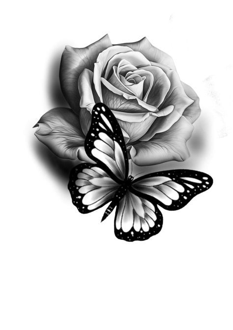 Rose With Script Tattoo, Tattoo Designs Butterfly For Women, Butterfly And Rose Tattoo Stencil, Creative Rose Tattoos, Rose Tattoo Black Women, Cover Up Tattoos Underboob, Butterfly Realism Tattoo, Roses With Butterfly Tattoo, Butterfly On Rose Tattoo