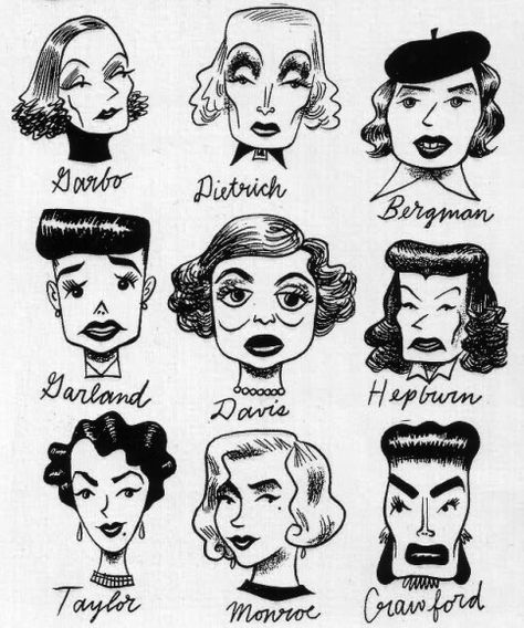 Caricatures: Greta Garbo, Marlene Dietrich, Ingrid Bergman, Judy Garland, Bette Davis, Katherine Hepburn, Elizabeth Taylor, Marilyn Monroe, Joan Crawford. Vintage Hollywood Glamour, Fashion Illustration Vintage, Celebrity Caricatures, Ingrid Bergman, Old Hollywood Glam, Old Hollywood Stars, Marlene Dietrich, Judy Garland, Hollywood Glam