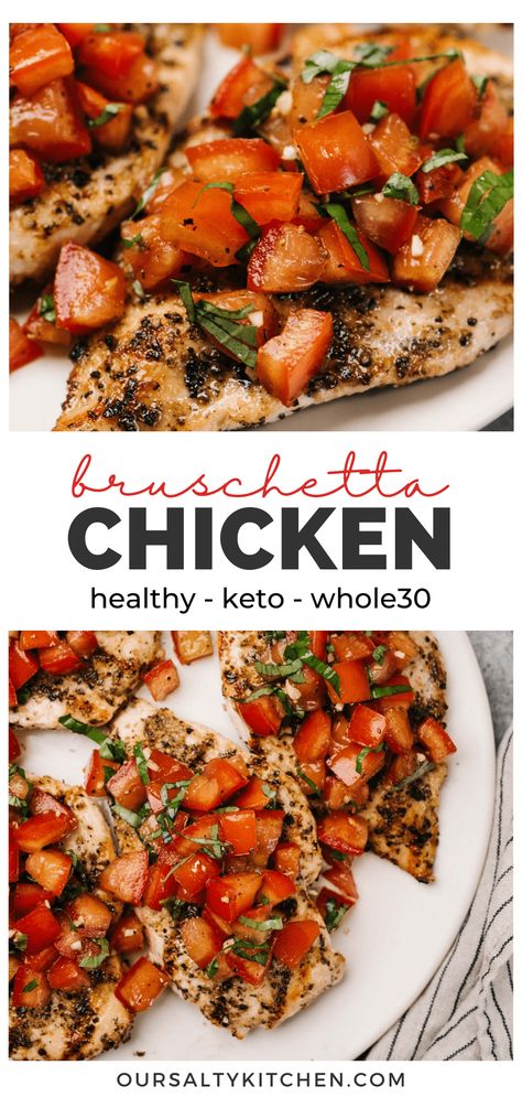 Bruschetta chicken (grilled or baked) is an easy summertime spin on a classic. Top chicken breast with a blend of tomatoes, garlic, and basil for a quick and very healthy dinner recipe. Naturally low carb and paleo, make this easy chicken recipe keto or Whole30 as well by eliminating the balsamic glaze. This recipe includes options for grilled chicken or oven baked chicken breasts. Mangia! #chickenrecipes #healthyrecipes #grilling #grilledchicken #summerrecipes Whole 30 Bruschetta Chicken, Bruschetta Chicken Baked Healthy, Healthy Ways To Season Chicken, Grilled Chicken Ideas Healthy, Healthy Bruschetta Chicken, Healthy Lean Chicken Recipes, Chicken Bakes Healthy, Chicken Breast Balsamic Recipes, Whole 30 Baked Chicken Recipes