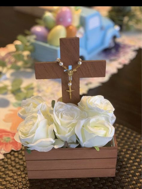 Bautizo Table Decor, Centerpieces For Bautizo, Bautismo Centerpieces, Bautizo Table Centerpieces, Diy First Communion Centerpieces, Baptism Ideas For Boys, Primera Communion Decoration, Baptismal Centerpieces, Confirmation Centerpieces Ideas