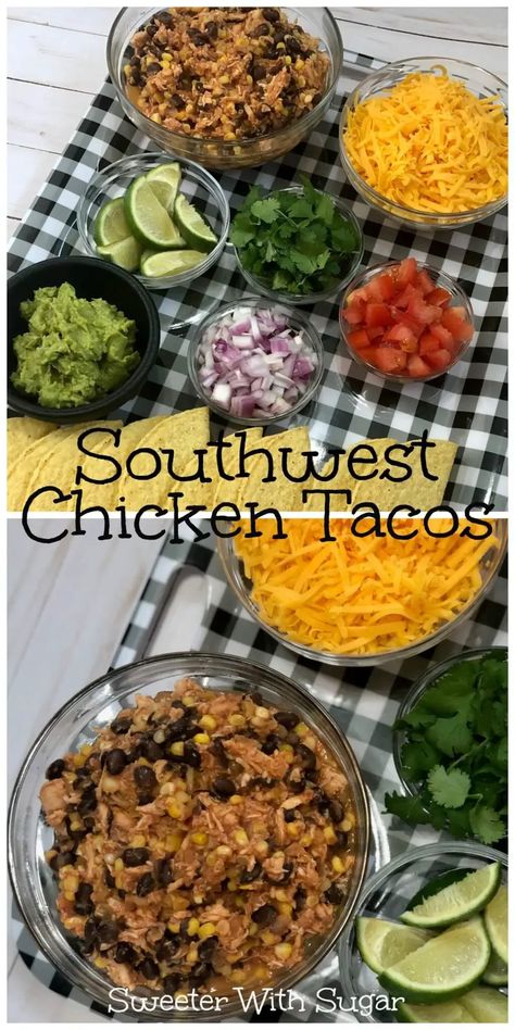 Southwest Chicken Tacos are delicious and simple to make. Southwest Chicken Tacos are an easy weeknight dinner filled with yummy ingredients your whole family will love. Southwest Chicken Tacos are a fun Mexican dish. #Tacos #MexicanRecipes #ChickenRecipes #EasyDinners #RotisserieChickenRecipes #WhatCanIDoWithRotissierieChicken Easy Dinner Recipes Mexican, Serve Yourself Bar, Southwest Chicken Tacos, Mexican Chicken Dinner, Dinner Recipes Mexican, Recipes Tacos, Rotisserie Chicken Breast, Recipes Mexican, Homemade Dinner Recipes