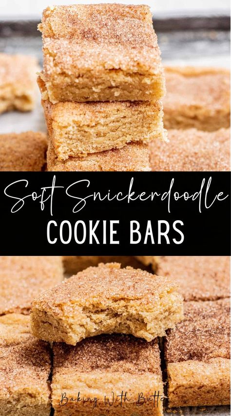 Your favorite cookie, but made as Snickerdoodle bars! They’re thick and soft, with a slight crunch from the cinnamon sugar. Snickerdoodles are such a classic cookie. They’re chewy cookies with the best soft texture and slightly tangy flavor from the added cream of tartar. When you think of a classic Snickerdoodle cookie, you think of individual cookies. However, this Snickerdoodle cookie bar recipe pays homage to how the first traditional Snickerdoodles were made. Snickerdoodle Cookie Bars, Snickerdoodle Bars Recipe, Soft Snickerdoodle Cookies, Homemade Bars, Snickerdoodle Bars, Snickerdoodle Cookie, Classic Cookies Recipes, Chewy Granola Bars, Cookie Bar