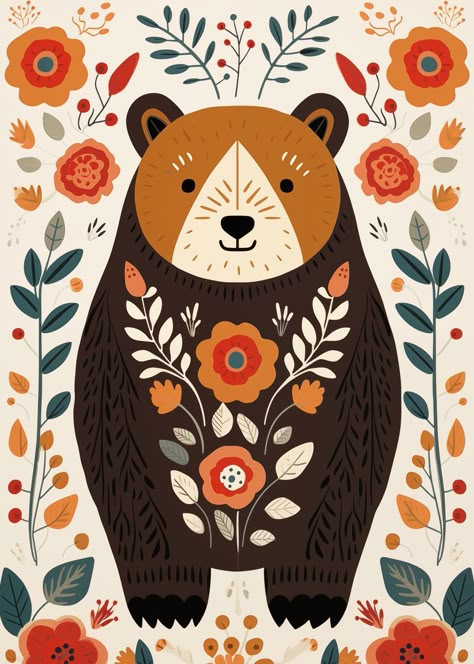 'Scandinavian Folk Art Bear' Poster, picture, metal print, paint by Eline | Displate Scandinavian Folklore Art, Finnish Folk Art Finland, Scandinavian Animals Illustration, Folk Art Scandinavian, Folk Art Turkey, Illustration Of Animals, Scandinavian Pictures Art, Folkart Patterns, Nordic Animals