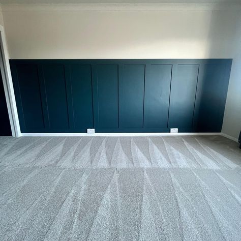 Navy Wall Panelling Living Room, Panelled Walls In Lounge, Navy Vj Panelling Bedroom, Navy Blue Paneling, Blue Bedroom Panelling Ideas, Blue Panel Wall Bedroom, Blue And White Panelling Bedroom, Three Quarter Wall Panelling, Panelled Walls Bedroom Blue