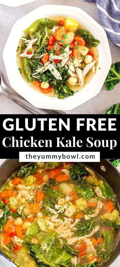 Cozy up with a comforting bowl of Gluten-Free Chicken Soup With Kale that is made in one pot, with little prep, and will be ready in 30 minutes. A delicious, healthy flavorful meal for 2-4 portions and is great for any day of the week. Chicken Kale Soup Instant Pot, Kale Recipes Instant Pot, Chicken Rice Kale Soup, Instant Pot Gluten Free Soup, Kale And Chicken Soup, Chicken Kale Soup Recipes, Kale Chicken Soup, Chicken Soup With Kale, Gluten Free Chicken Soup