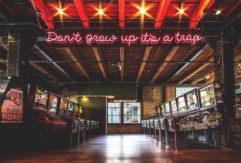 Pinball History and the Rise of Chicago Arcade Bars - Thrillist Arcade Bar, North Chicago, Chicago Sports, Chicago Travel, Brew Pub, The Windy City, Sports Bar, Windy City, Neon Lights