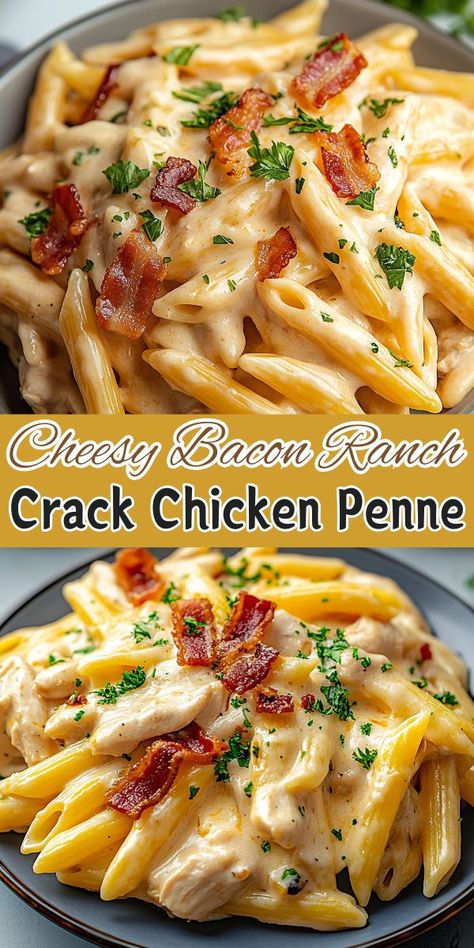 A bowl of cheesy crack chicken penne with melted cheese stretching from the pasta. Meal Ideas With Bacon, Creamy Chicken Noodle Pasta, Chicken Bacon Ranch Freezer Meal, Chicken Bacon Ranch Macaroni And Cheese, Chicken Bacon Ranch Baked Penne, Chicken Bacon Penne Pasta, Creamy Ranch Chicken Pasta, Chicken Bacon Ranch Pasta With Cream Cheese, Cream Cheese Bacon Chicken Pasta