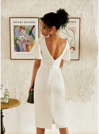 Dresses: Shop 2022 Dresses online | JJ's House Column Wedding Dress, Knee Length Wedding Dress, Knee Length Cocktail Dress, Wedding Dress Silhouette, Civil Wedding Dresses, V Neck Cocktail Dress, Rehearsal Dinner Dresses, Elopement Dress, V Neck Wedding Dress