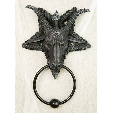 This Occultic Baphomet With Inverted Pentagram Door Knocker Sculptural Decor measures 9" tall, 6.5" long and 2.25" deep approximately. It weighs about 1.25 pounds.  This Occultic Baphomet With Inverted Pentagram Door Knocker Sculptural Decor is made of designer composite resin, hand painted and polished individually. The knocker part is made of cast iron metal. Item does NOT come with a striking plate. Color Tone May Vary Slightly From Pictures.  Baphomet is an enigmatic, goat-headed figure foun Samael Lilith, Sculptural Decor, Goat Of Mendes, Gothic Interior Design, Satanic Goat, Inverted Pentagram, Gothic Interior, Alice Angel, Gift Catalog