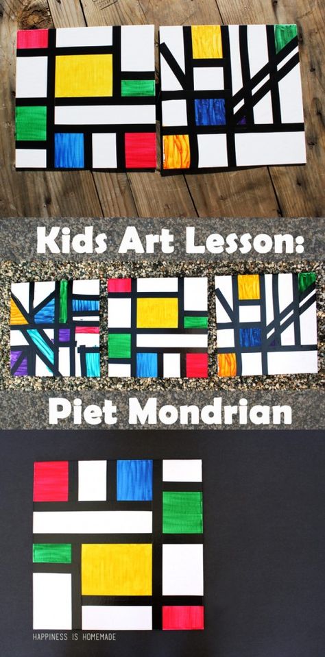 Kids Abstract Art Lesson - Piet Mondrian Kids Abstract Art, Mondrian Kids, Abstract Art Lesson, Abstract Art For Kids, Mondrian Art, Istoria Artei, Art Lessons For Kids, Elementary Art Projects, Homeschool Art