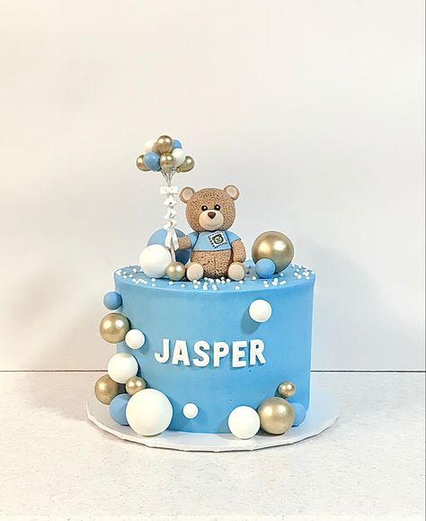 Teddy Bear 1st Birthday Boy Cake Ideas, Blue Bear Cake, Welcome Baby Boy Cake, Blue Teddy Bear Cake, Cake Bear Baby Boy, Baptism Cake Girl, Teddy Bear Moon Stars Cake, Teal Cake, Hot Wheels Cake