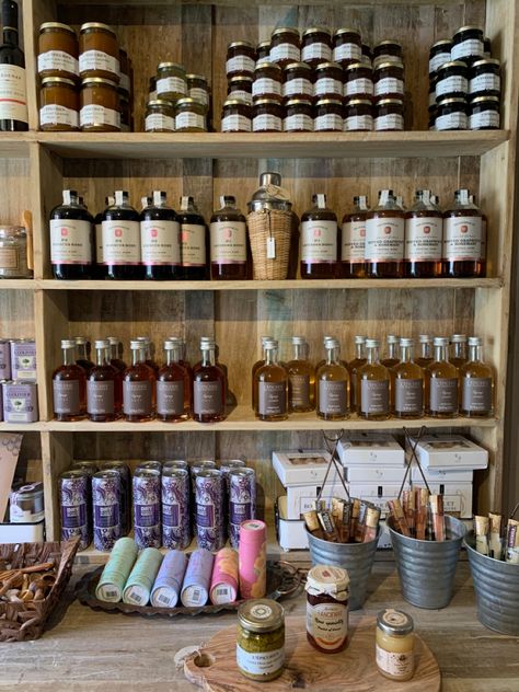 lavender, apothecary shelves, syrups, cocktail mixers, Small Apothecary Business, Apothecary Store Display, Apothecary Business Ideas, Apocathary Aesthetic, Apothecary Set Up, Old Apothecary Shop, Herbal Shop Aesthetic, Apothecary Shop Ideas, Natural Medicine Aesthetic