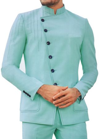 Bandhgala Jodhpuri suit for men | InMonarch Green Jodhpuri, Turquoise Suit, Jodhpuri Suit For Men, Mens Party Wear, Jodhpuri Suits For Men, Mens Tuxedo, Jodhpuri Suit, Gala Themes, Pale Turquoise