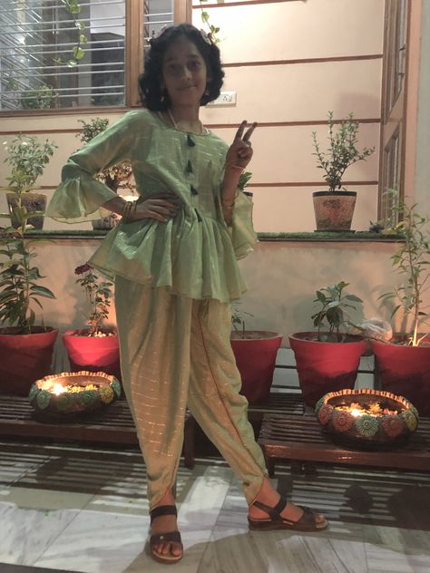 Pista green dhoti pant with peplum top Pista Green, Dhoti Pants, Kids Dresses, Kids' Dresses, Peplum Top, Saree, Pants, Green, Dresses