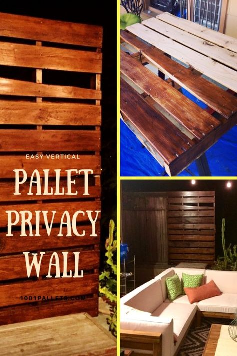 In order to add a bit of privacy to our back patio, deter coyotes from hopping over our wall, and create a place to start a garden, I created this…  #Outdoors, #PalletFence, #PalletWall, #RecyclingWoodPallets Pallet Privacy Wall, Pallet Privacy Fences, Pallet Gate, Yard Privacy, Privacy Wall, Rustic Fence, 1001 Pallets, Pallet Fence, Vertical Planter