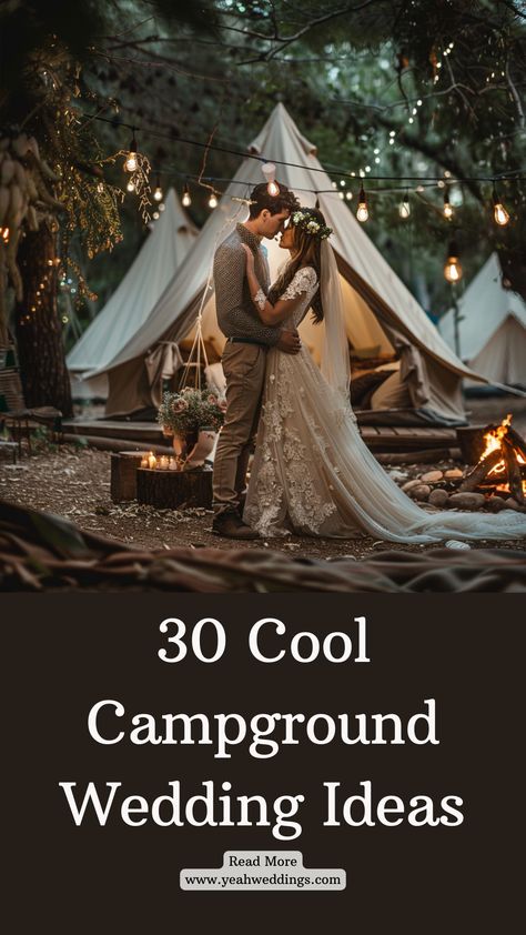 A stunning wedding couple standing in a picturesque campground setting. They are dressed in elegant wedding attire, surrounded by rustic decor, cozy bonfires, and charming tents. Wedding At A Campground, Wedding Camping Ideas, Elegant Camp Wedding, Wedding Ideas Nature Theme, Campground Wedding Decorations, Outdoor Camping Wedding Ideas, Campfire Wedding Ideas, Camp Ground Weddings, Outdoor Woodsy Wedding Ideas