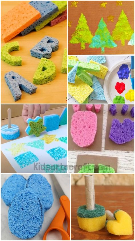 DIY Sponge Stamps for Kids Preschool Sponge Painting, Sponge Stamps Diy, Sponge Painting Ideas For Kids, Art And Craft Images, Sponge Crafts, Diy Sponges, Educational Toys For Preschoolers, Turtle Crafts, Sponge Painting