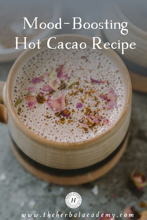 Mood-Boosting Hot Cacao Recipe | Herbal Academy | This mood-boosting cacao can be a great holistic pick-me-up, as it not only tastes fantastic but its ingredients support mood and mental well-being. Cacao Ritual, Cacao Powder Recipe, Hot Cacao, Cacao Recipes, Herbal Academy, Heart Opening, Herbal Drinks, Herbal Recipes, Powder Recipe