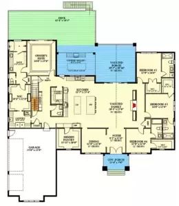 Expansive and Expandable Transitional House Plan with 4 Bedrooms - 3443 Sq Ft - 46519LA | Architectural Designs - House Plans Four Bedroom Single Story House Plans, 4 Bedroom 3 Bath House Plans Open Floor One Story, House Plans For Large Families, House Plans With Separate Kitchen, Floor Plans With Hidden Rooms, Floor Plans With Large Kitchen, House Plan With Large Pantry, House Plans With Large Kitchen, House Plans 3000 Sq Ft Open Floor