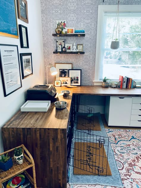 Dog Cage In Living Room, Dog Crate In Office, Dog Kennel Under Desk, Desk Dog Crate, Office And Pet Room, Office With Dog Crates, Dog Room And Office, Office With Dog Space, Office Dog Room Combo